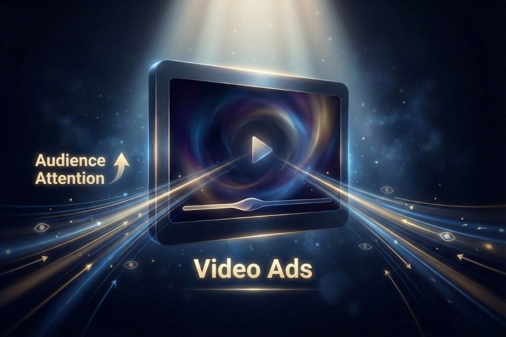 A glowing video player labeled "Video Ads" emits streaming lines with eye icons. An upward arrow points from "Audience Attention" to the player, symbolizing increased engagement with video advertising.