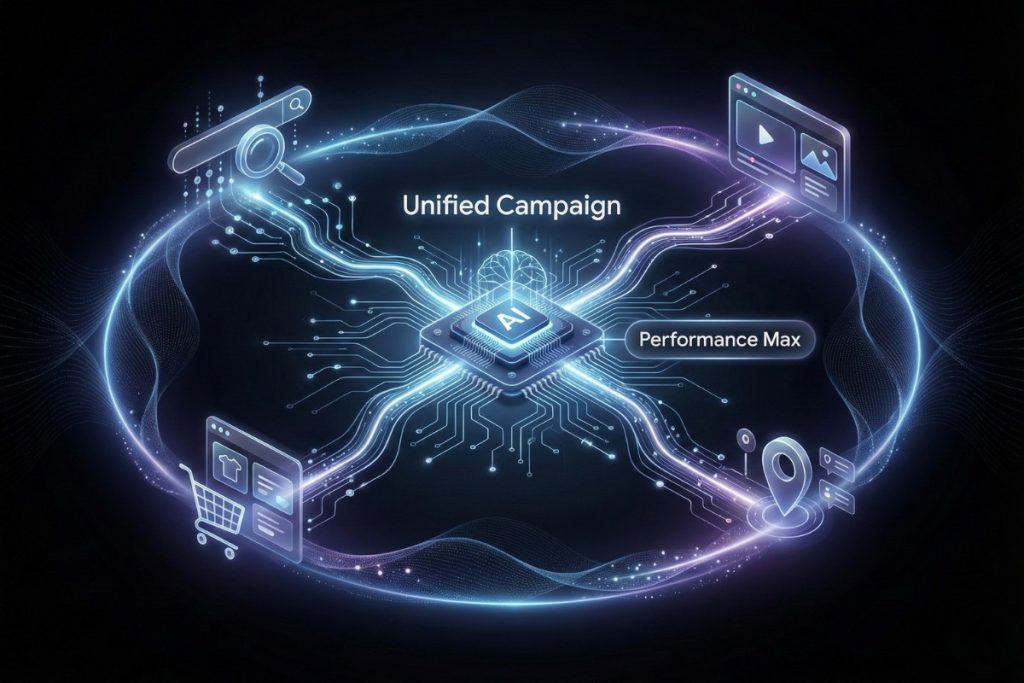 A glowing AI chip labeled "Unified Campaign" connects to icons for search, shopping, video, and display ads, with "Performance Max" highlighted, illustrating integrated digital marketing channels.