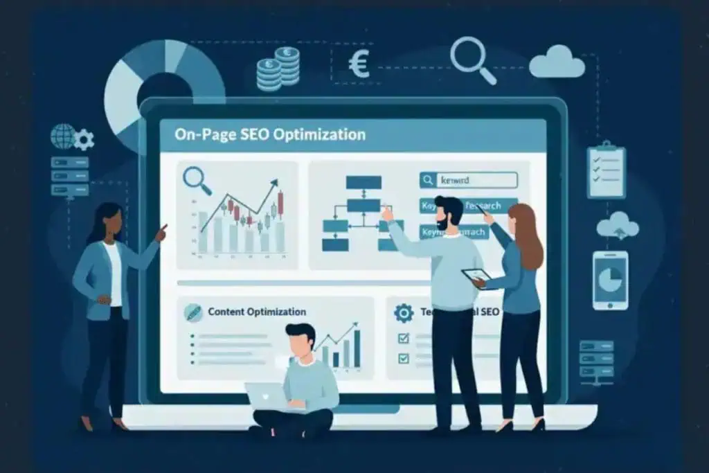 Illustration of four people analyzing on-page SEO optimization data on a large screen, with graphs, charts, search bars, and icons representing digital marketing, content, and technical SEO in the background.
