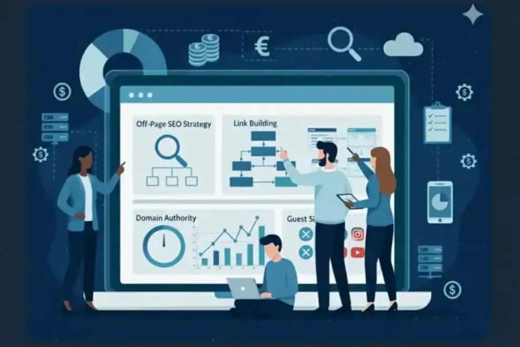 Four people work together in front of a giant laptop screen displaying charts and icons related to SEO strategies like link building and domain authority, representing digital marketing and teamwork.