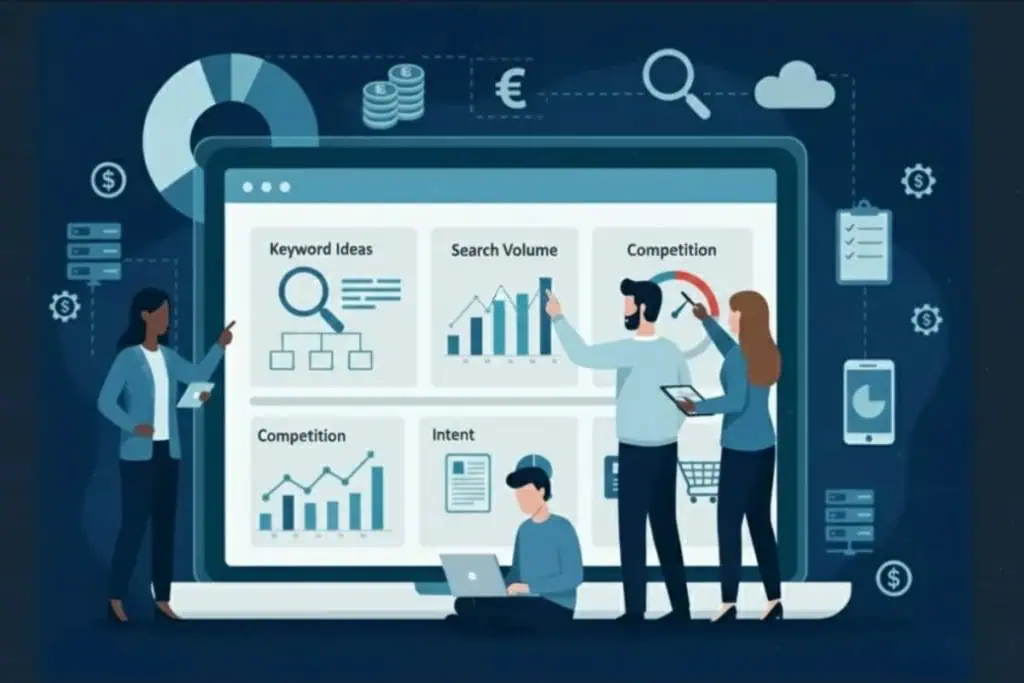 Four people analyze keyword data on a giant laptop screen showing charts for keyword ideas, search volume, competition, and intent, with business and technology icons in the background.