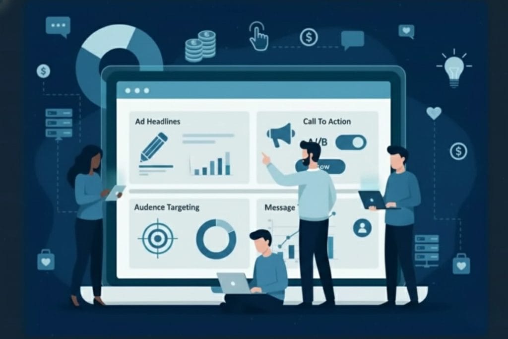 Illustration of four people analyzing data on a large computer screen displaying charts and icons related to online advertising, including ad headlines, call to action, audience targeting, and messaging.