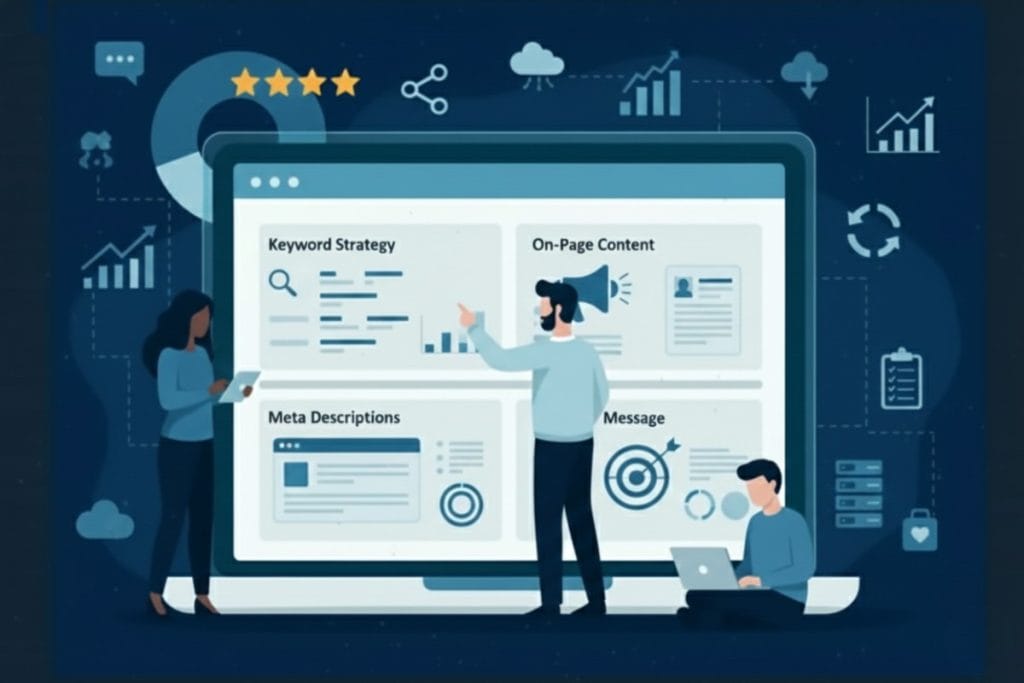 Illustration of three people analyzing a large screen displaying panels labeled Keyword Strategy, On-Page Content, Meta Descriptions, and Message, with charts, data icons, and graphs in the background.