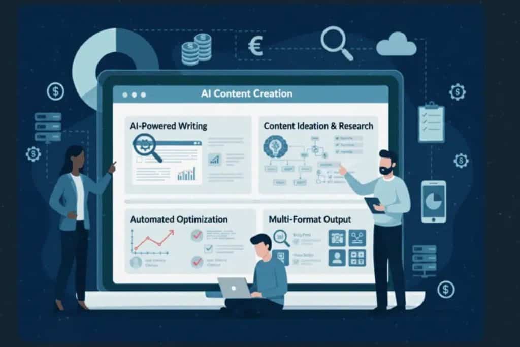 Illustration of three people interacting with a large computer screen displaying four sections: AI-Powered Writing, Content Ideation & Research, Automated Optimization, and Multi-Format Output. Business icons appear in the background.