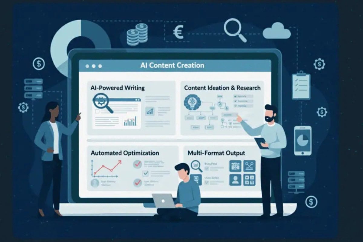 Illustration of three people interacting with a large computer screen displaying four sections: AI-Powered Writing, Content Ideation & Research, Automated Optimization, and Multi-Format Output. Business icons appear in the background.