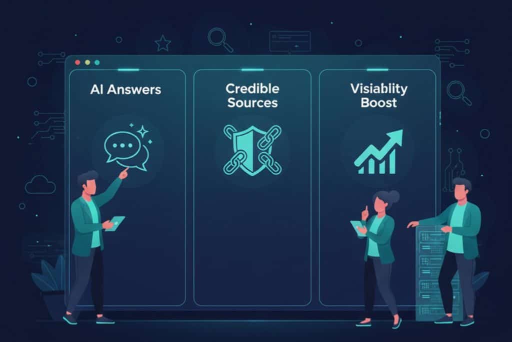 Three illustrated people stand by a digital interface displaying three panels: "AI Answers" with a chat icon, "Credible Sources" with a shield and links, and "Visibility Boost" with an upward graph arrow.