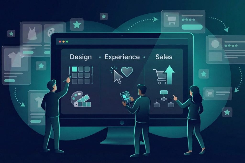 Four people interact with a large digital screen displaying icons and words: Design, Experience, and Sales. Virtual interface elements related to online shopping and product ratings float in the background.