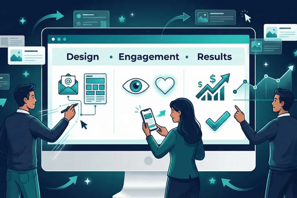 Three people stand in front of a large computer screen displaying the words "Design," "Engagement," and "Results" with related icons, discussing strategies surrounded by digital interface graphics and data charts.