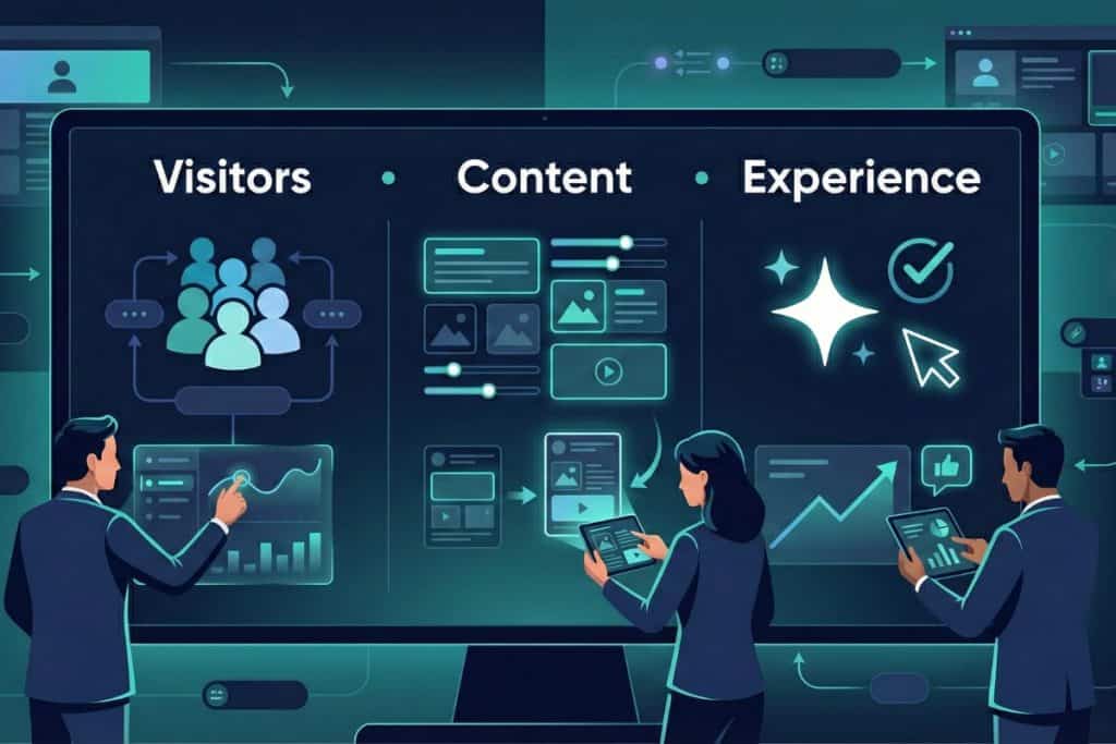 Four people interact with a large digital screen displaying sections labeled "Visitors," "Content," and "Experience," with icons and graphs representing website analytics and user engagement.