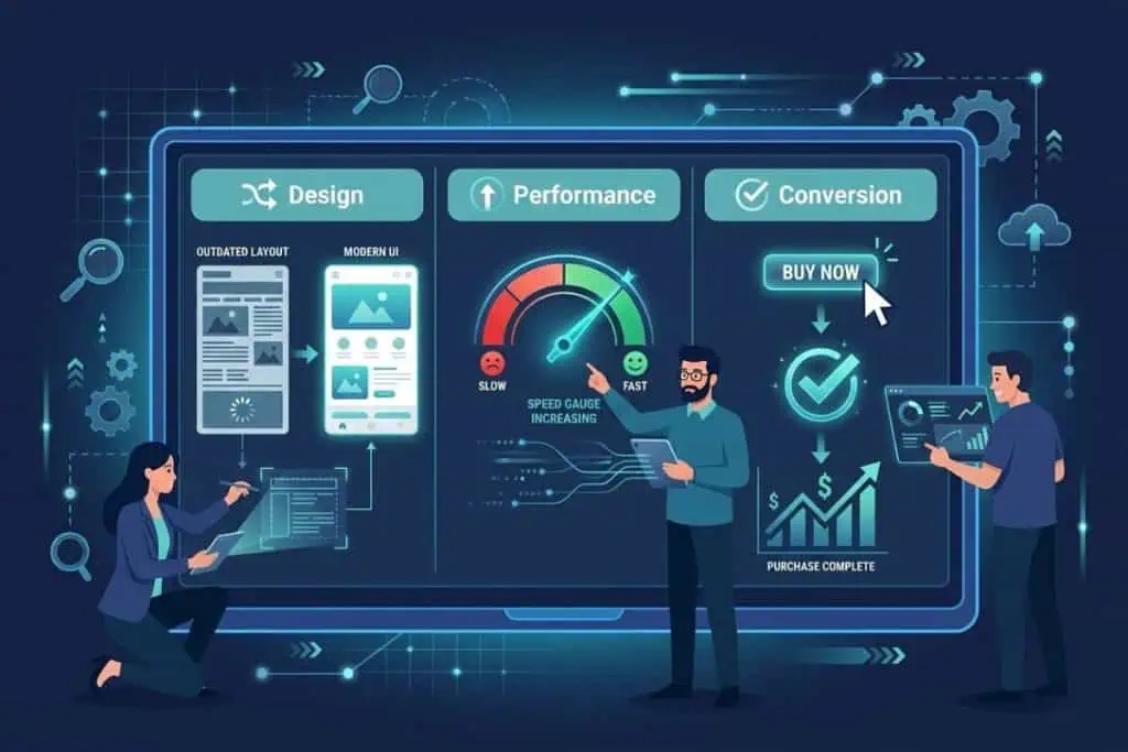 Illustration of three people analyzing a large digital dashboard displaying sections for design, performance, and conversion, with charts, graphs, a speed gauge, and a “Buy Now” button, representing website optimization strategies.