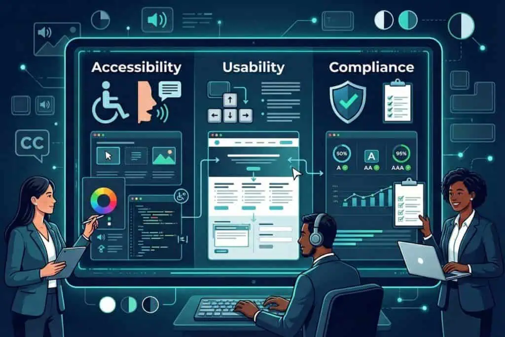 Three professionals work at computers in front of a large display divided into sections labeled Accessibility, Usability, and Compliance, featuring icons, charts, graphs, and interface elements related to each topic.