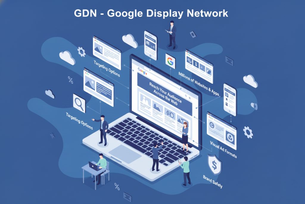 Illustration of people interacting with a giant laptop surrounded by ads, charts, and icons, representing Google Display Network features like targeting options, ad formats, and worldwide reach on websites and apps.