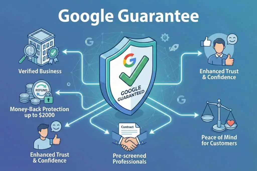 Infographic titled "Google Guarantee" showing a shield with the Google logo and checkmark. Icons illustrate verified business, money-back protection, pre-screened professionals, trust, confidence, and customer peace of mind.