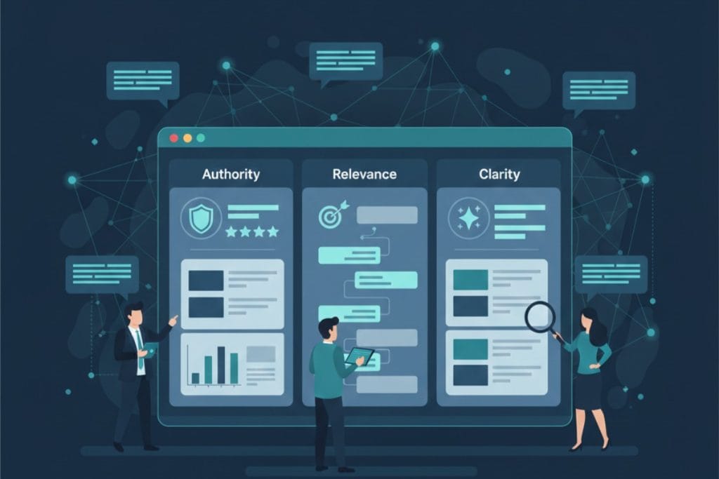 Three people analyze a large digital board divided into Authority, Relevance, and Clarity sections, with charts, graphs, and network connections symbolizing data analysis and information management.