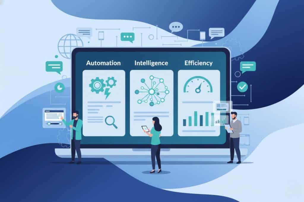 Illustration of three people interacting with a large screen displaying three panels labeled Automation, Intelligence, and Efficiency, each with icons and graphs, representing concepts of technology and productivity.