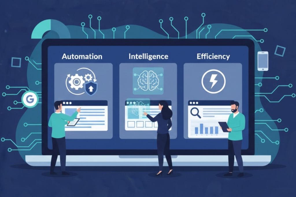 Three people stand in front of a large screen displaying three sections labeled Automation, Intelligence, and Efficiency, each with related icons and graphics, illustrating concepts of technology and data-driven productivity.