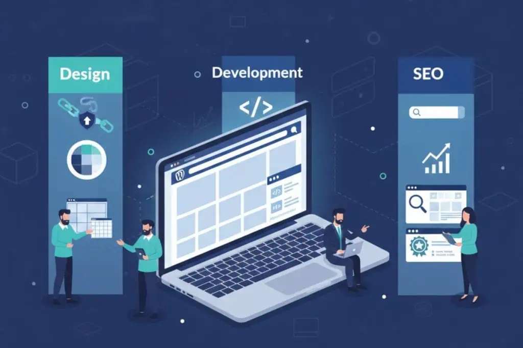 Illustration of three people working on design, development, and SEO around a large laptop, with labeled columns and related icons representing each technical field on a dark blue background.