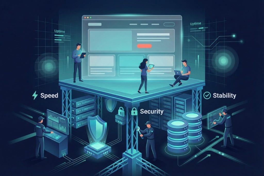 Illustration of people managing digital devices above server racks, highlighting concepts of speed, security, and stability, with icons and glowing interfaces representing uptime, protection, and efficient data handling in a tech environment.