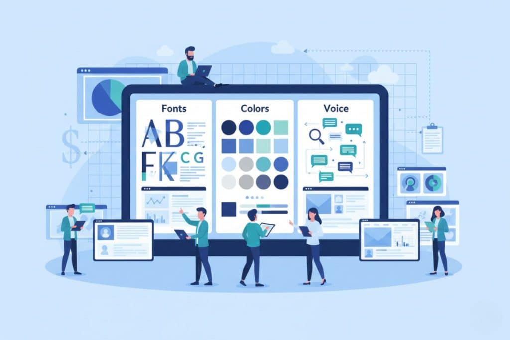 Illustration of people interacting with a large digital screen displaying branding elements like fonts, colors, and icons. Surrounding them are charts, graphs, and profile images, representing teamwork and brand development.