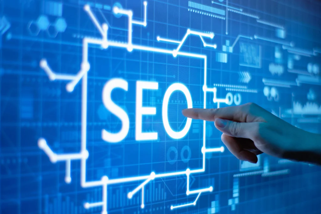 A hand points to “SEO” on a screen, with SEO Company NYC highlighted and circuit graphics in the background.
