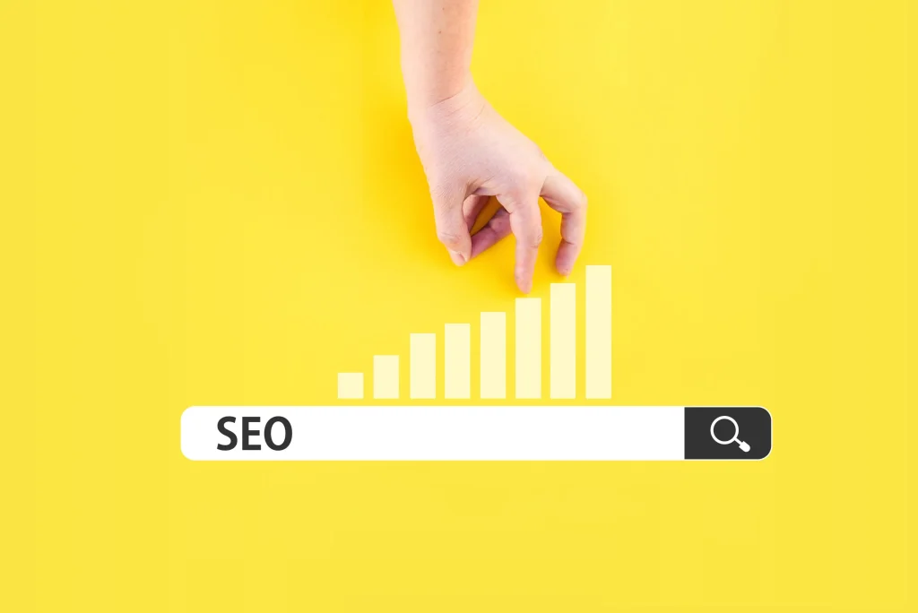 A hand walks up a bar graph above an SEO search bar, symbolizing growth with an SEO Company Long Island.