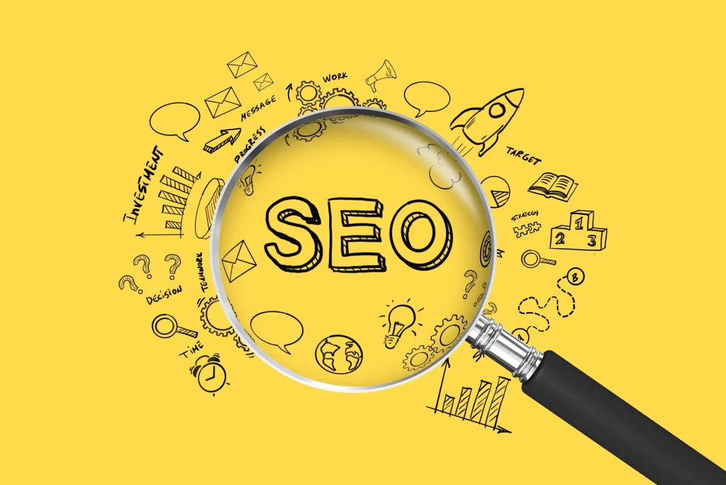 A magnifying glass highlights “SEO” amid doodles, illustrating SEO Company NYC strategies on yellow.