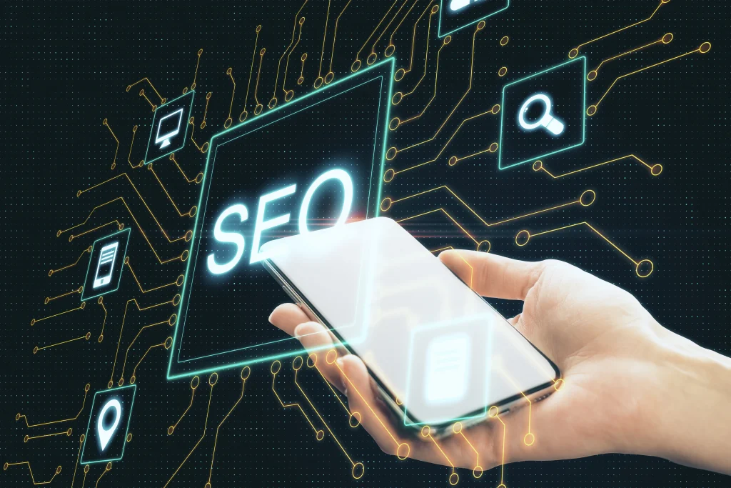 A hand holds a smartphone displaying digital SEO icons, perfect for an NYC SEO company visual.